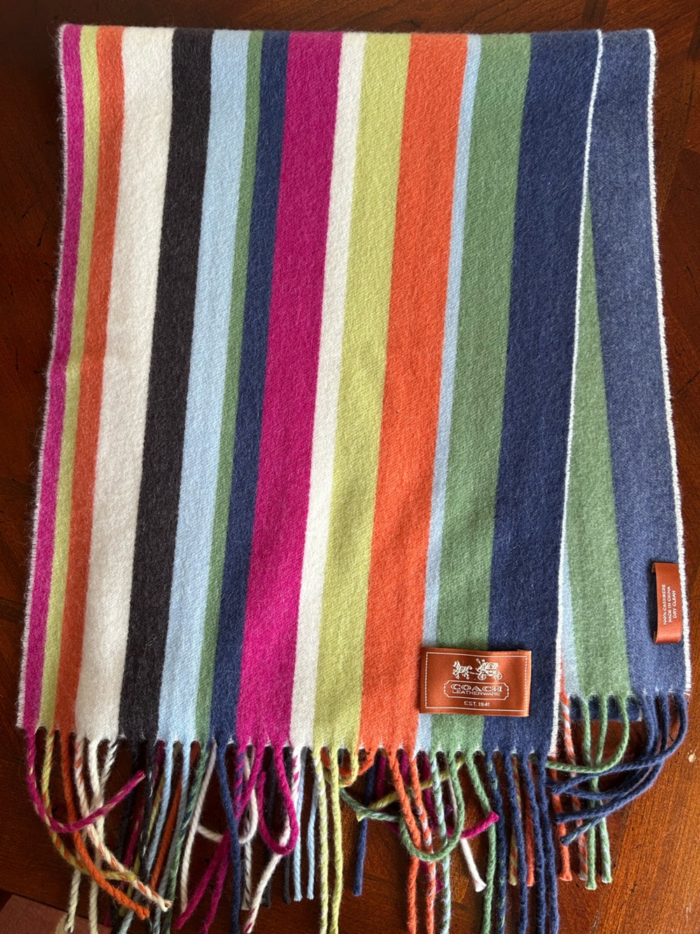 Coach Multicolor Striped Wool Scarf in Pink Orange Green Blue Cream Brown
